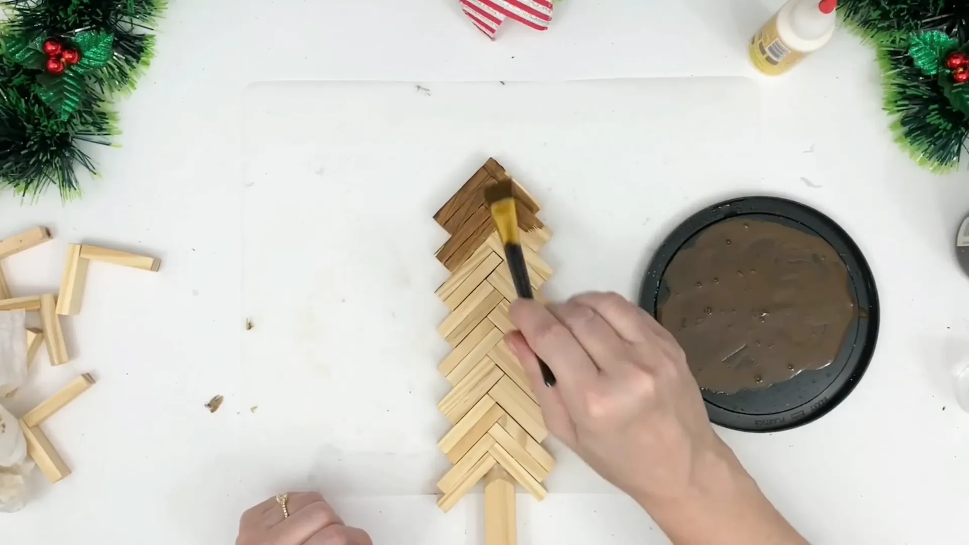 Staining the wooden blocks for a rustic look