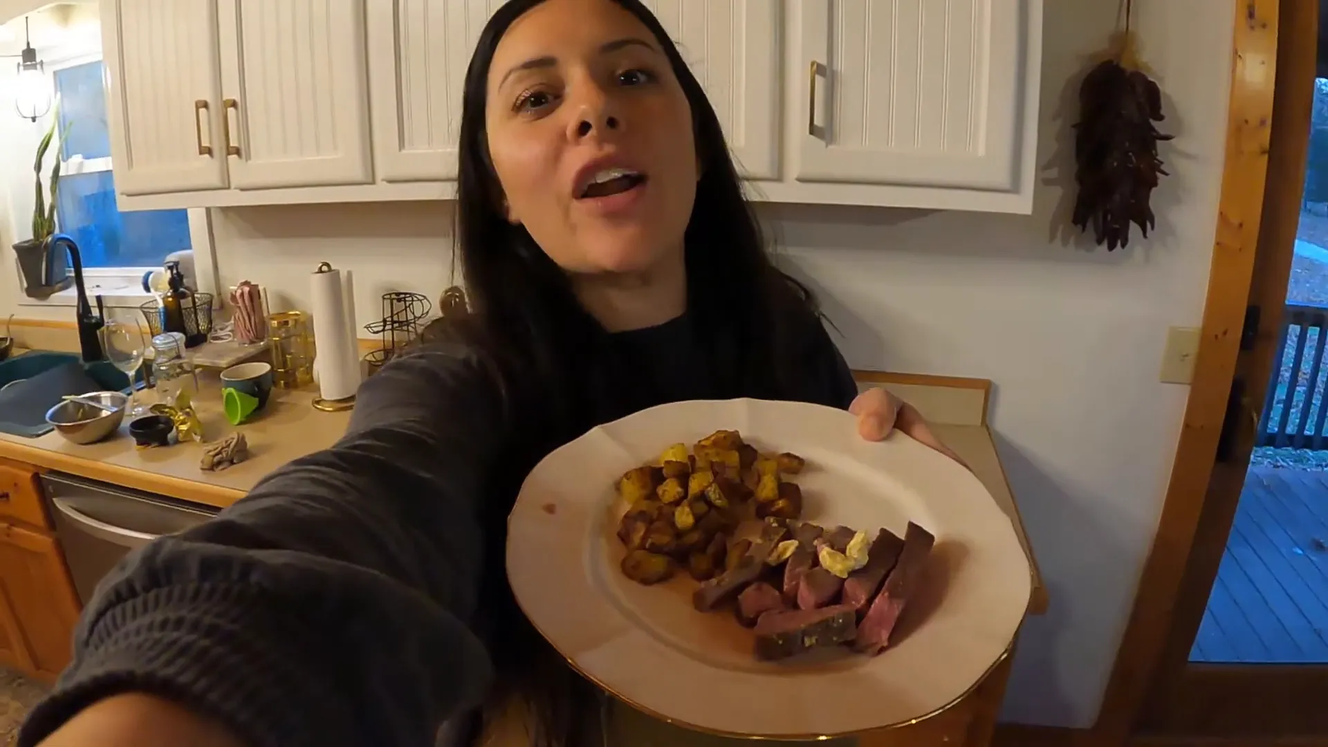 Plated bison steak with roasted potatoes.