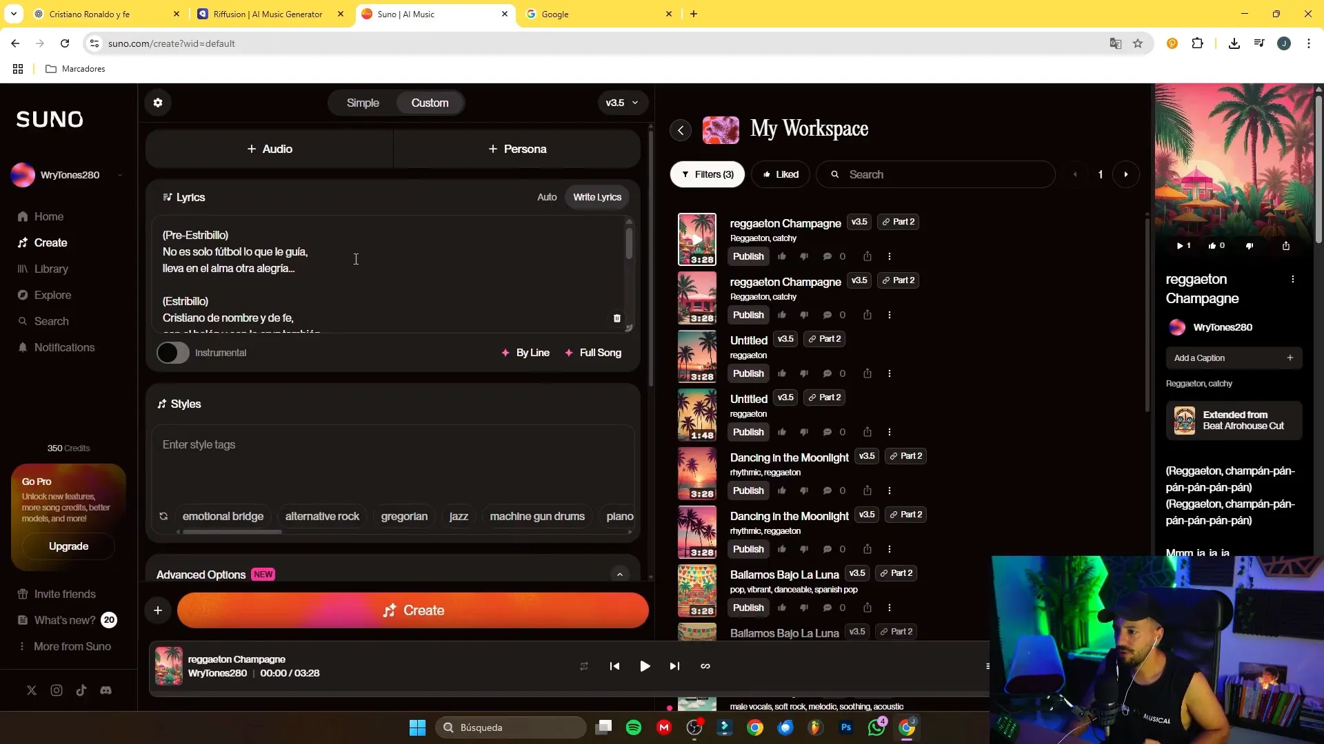 Interfaz de Suno durante la generación del tema: parámetros estilo y lyrics pegadas