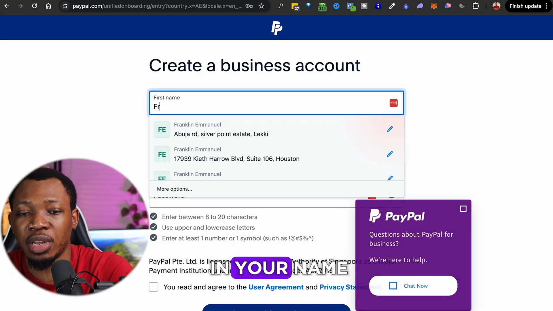 Filling in personal details