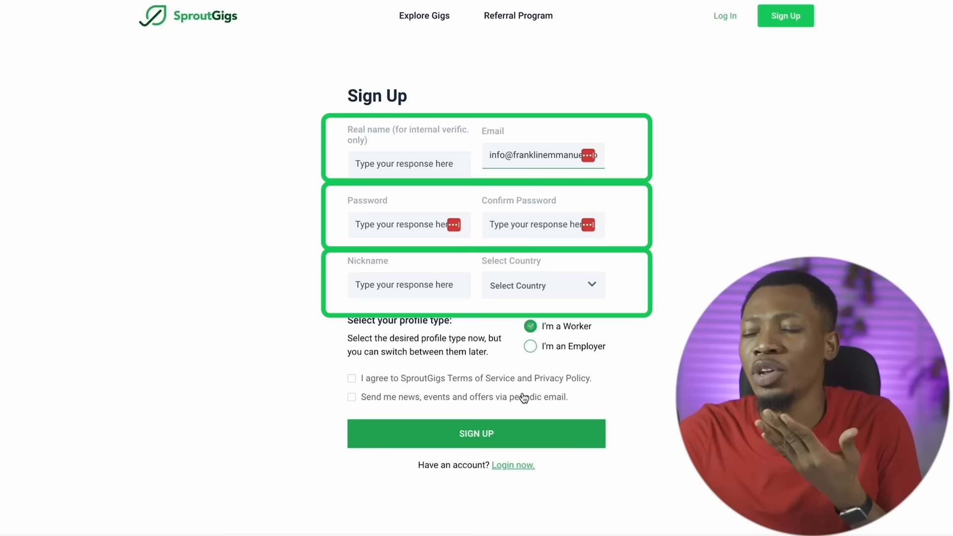 Screenshot of SproutGig registration page