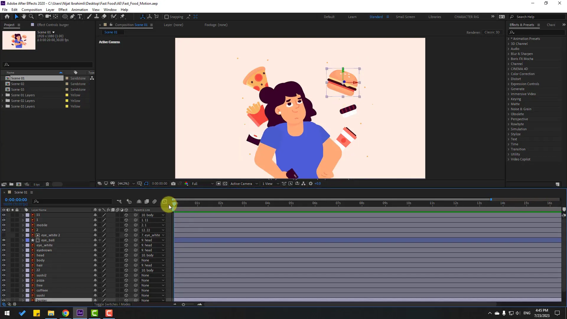 Animating burger and pizza layers with position and rotation