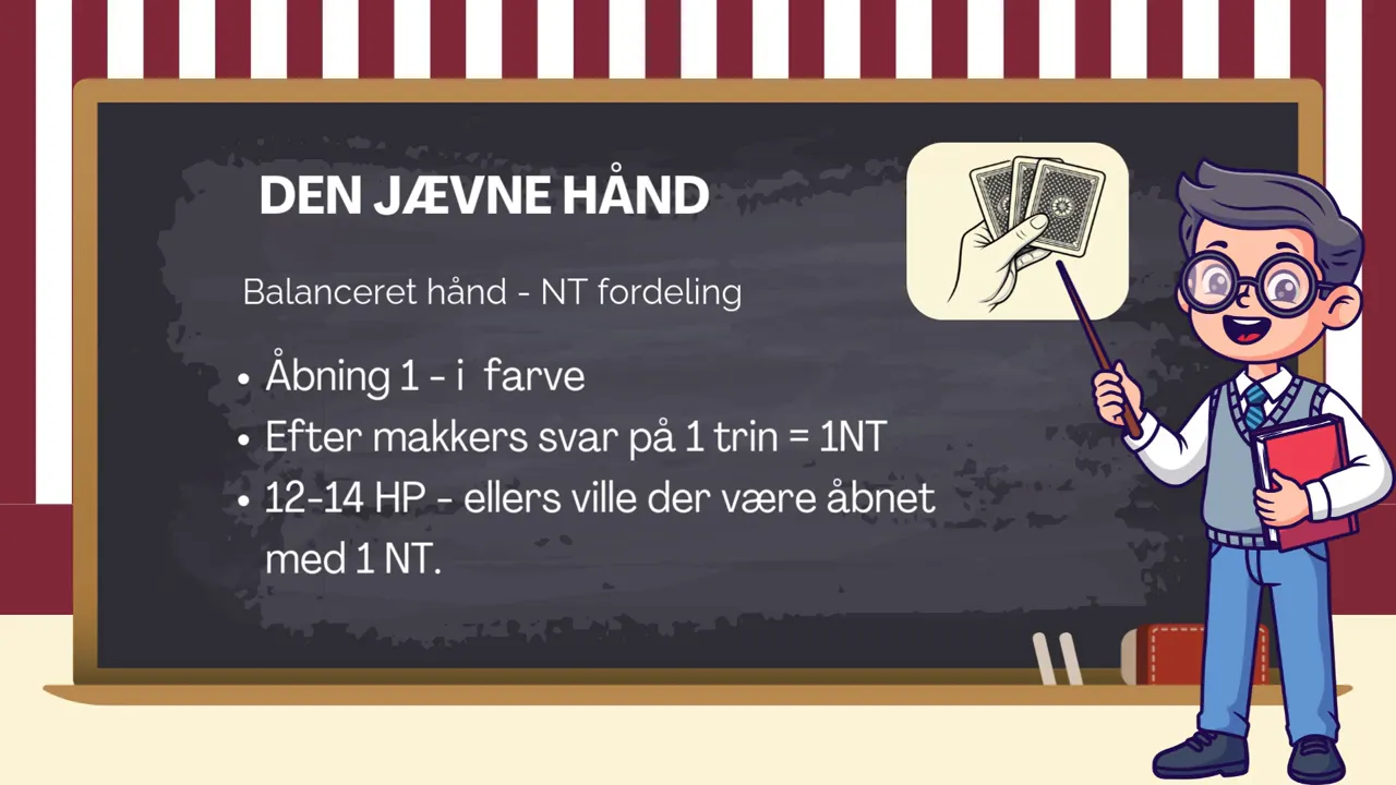 Tydeligt skærmbillede af slide 'Den jævne hånd' med forklaring om 1NT-rebid (12–14 HP).