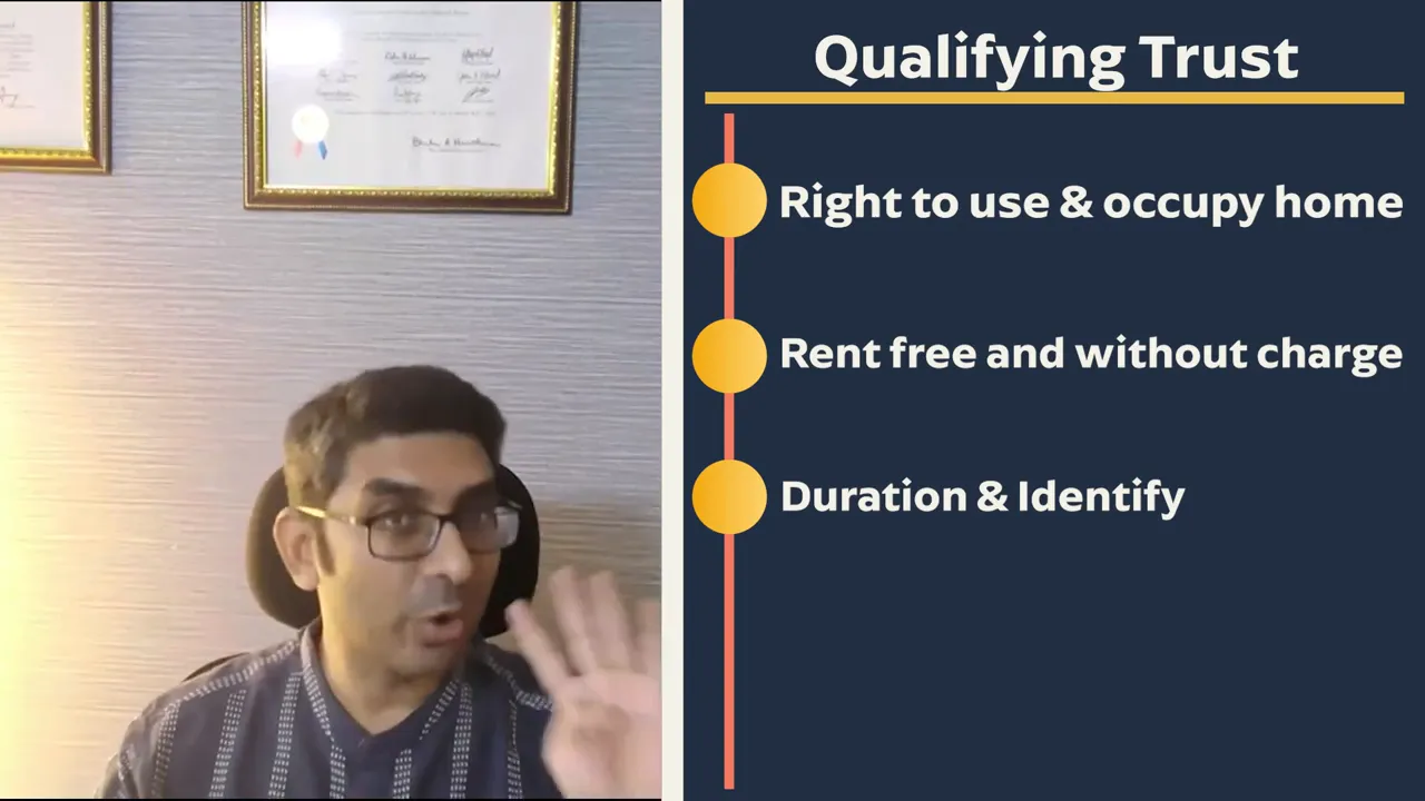 Qualifying Trust checklist showing right to use and occupy home, rent free occupancy, duration and identity, and recorded deed