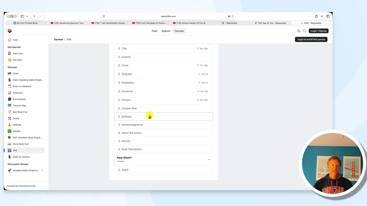 Text slide explaining the epilogue exercise: 'What a year.' Write from the future looking back