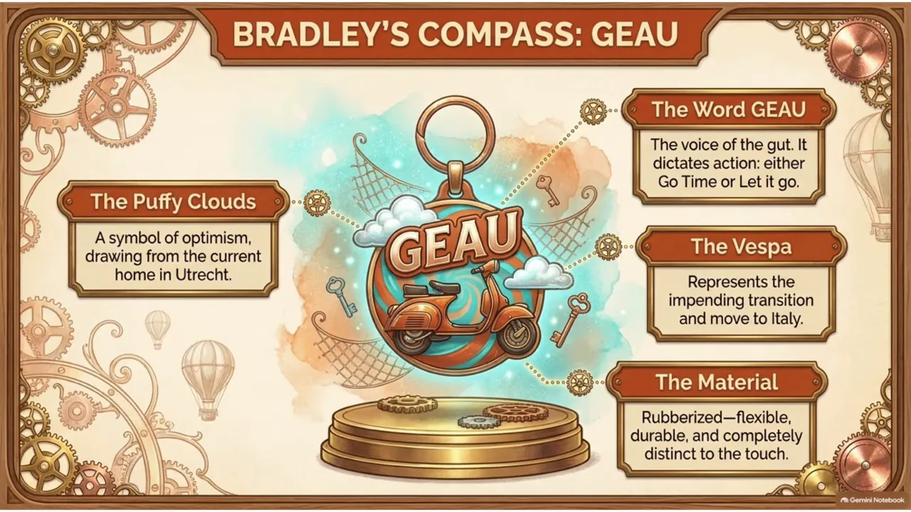 Illustrated GEAU keychain with a scooter and clouds, surrounded by labels explaining its word, Vespa, clouds, and material
