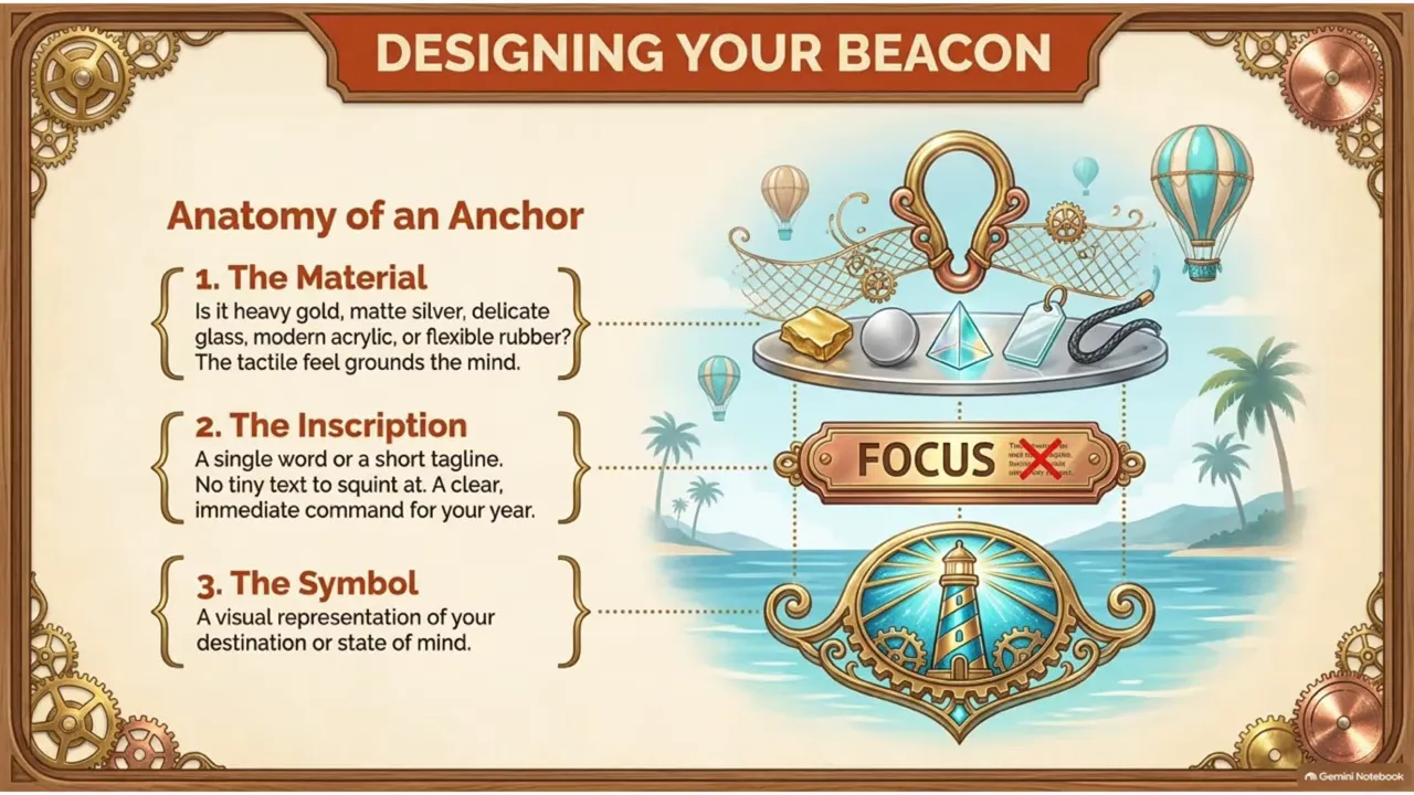Designing Your Beacon slide showing material, inscription, and symbol choices around illustrated keychain designs