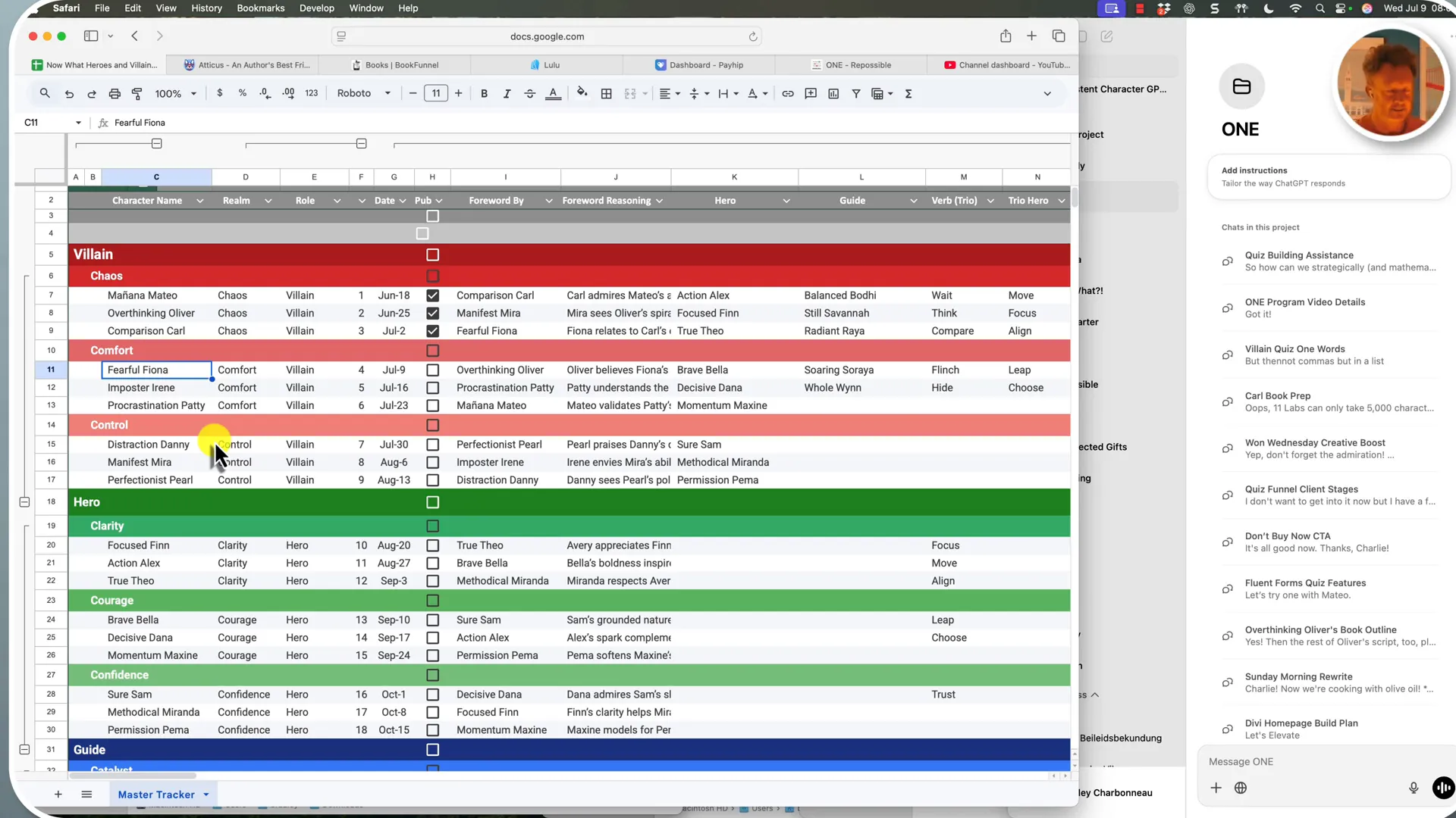 Overview of the One Word Project spreadsheet with various characters and words