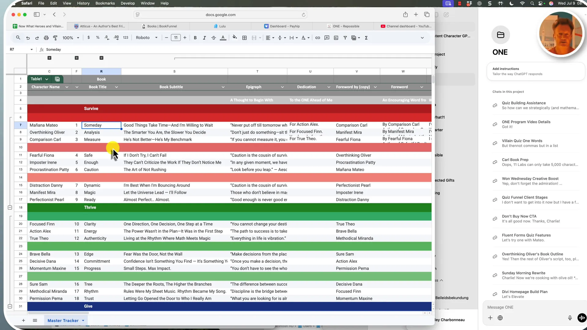 Spreadsheet showing villain characters and their book titles
