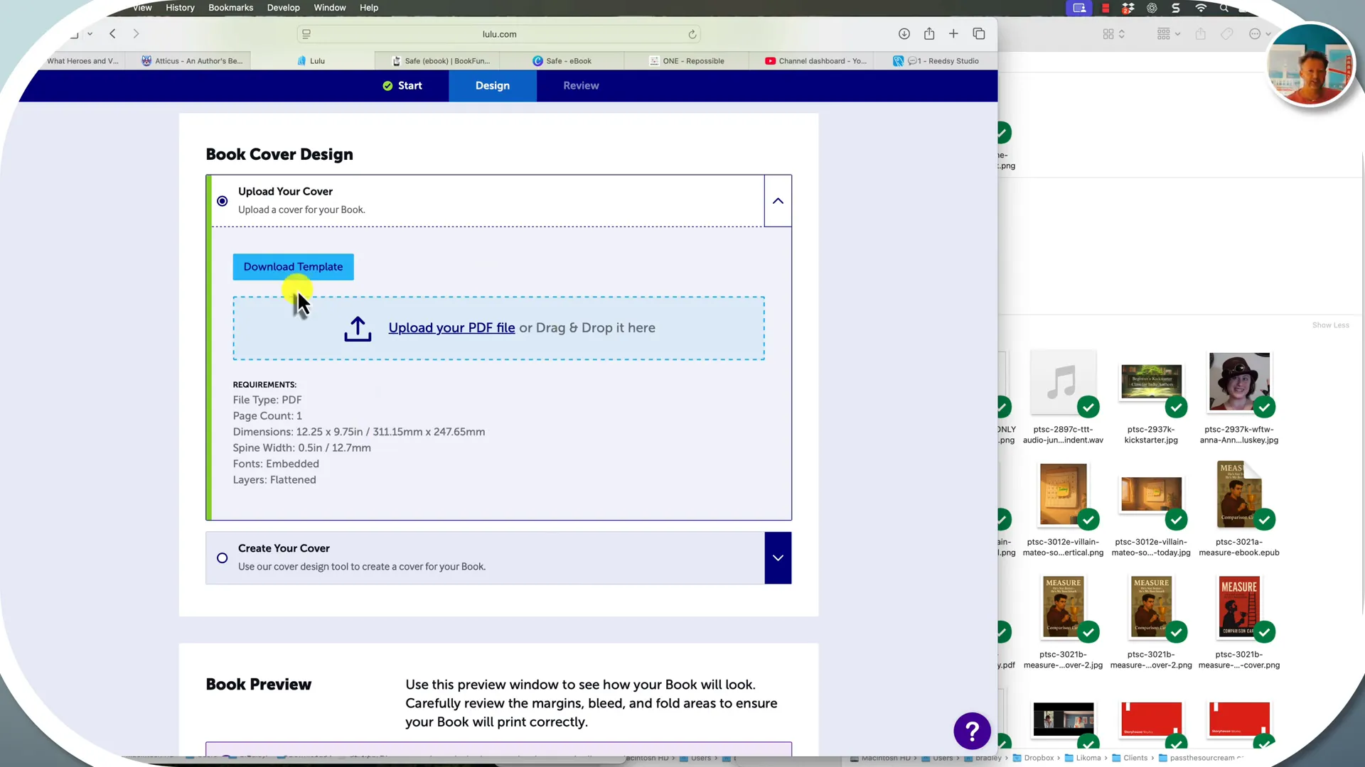 Lulu print book setup interface showing cover design and options