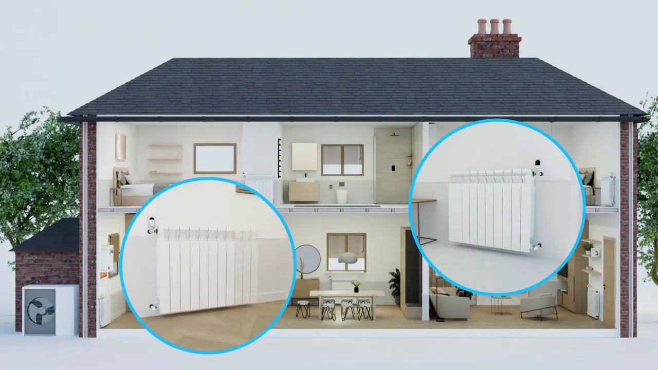 Cutaway house illustration with two highlighted white radiators