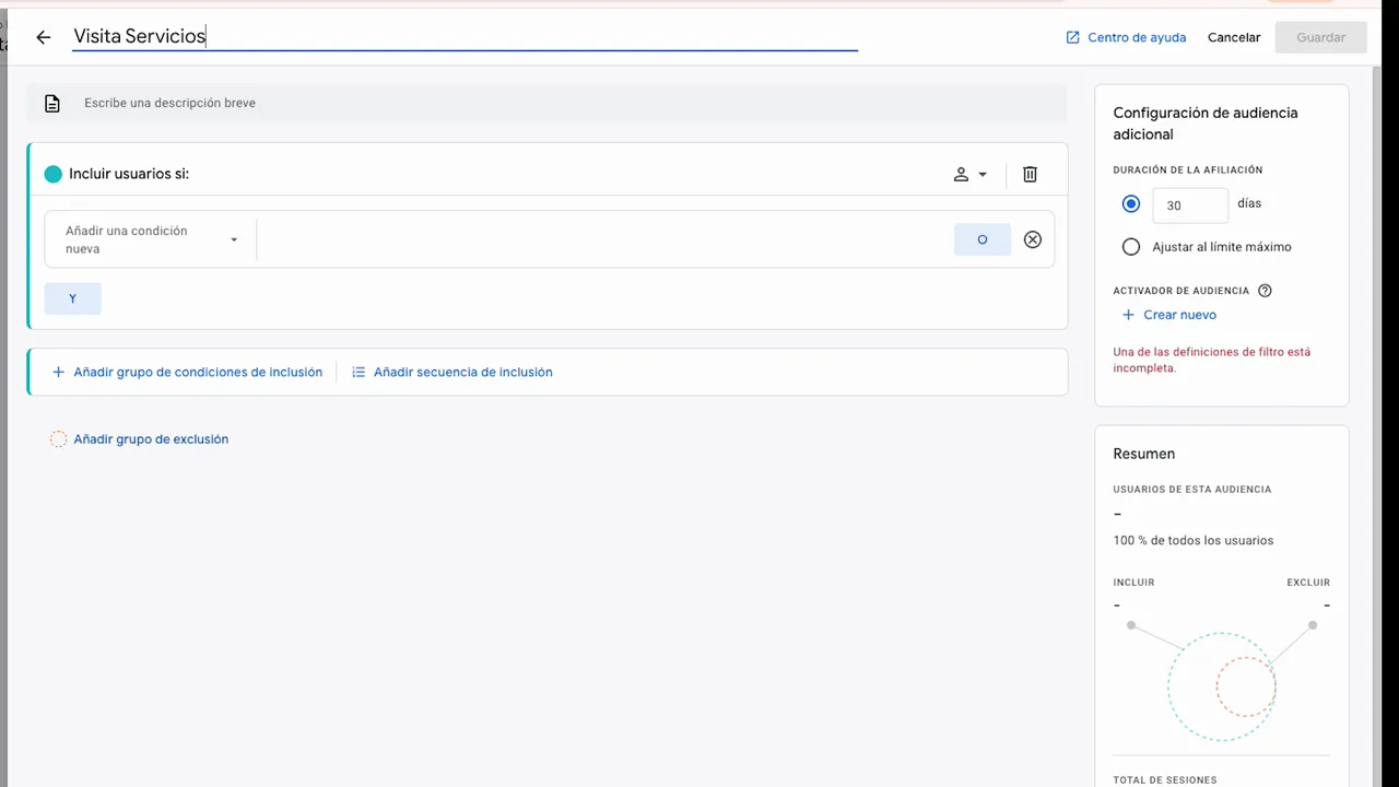 GA4 configuración de audiencia: inclusión y resumen de audiencia