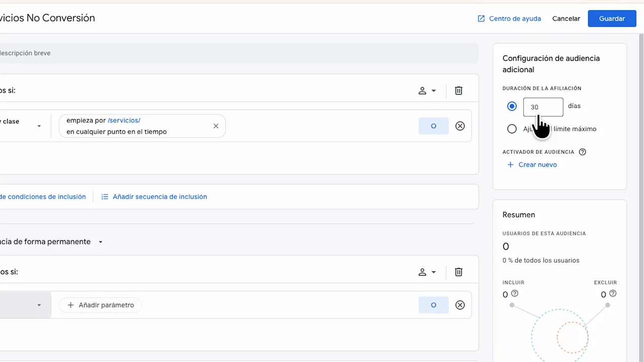 Google Analytics 4: configuración de duración de afiliación (30 días) en una audiencia para remarketing