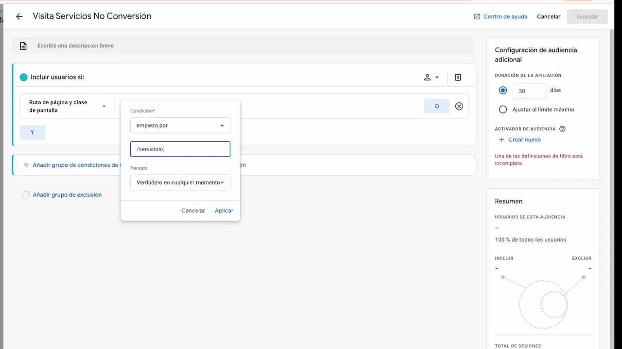 Google Analytics 4 creando audiencia “Visita Servicios No Conversión”: ventana para condición de inclusión con prefijo de URL