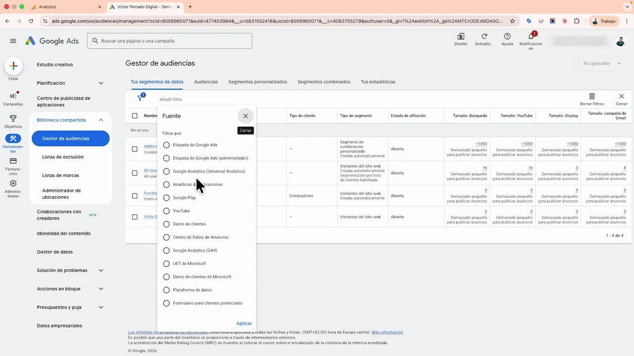 Filtro por Fuente en el Gestor de audiencias de Google Ads para seleccionar Google Analytics 4