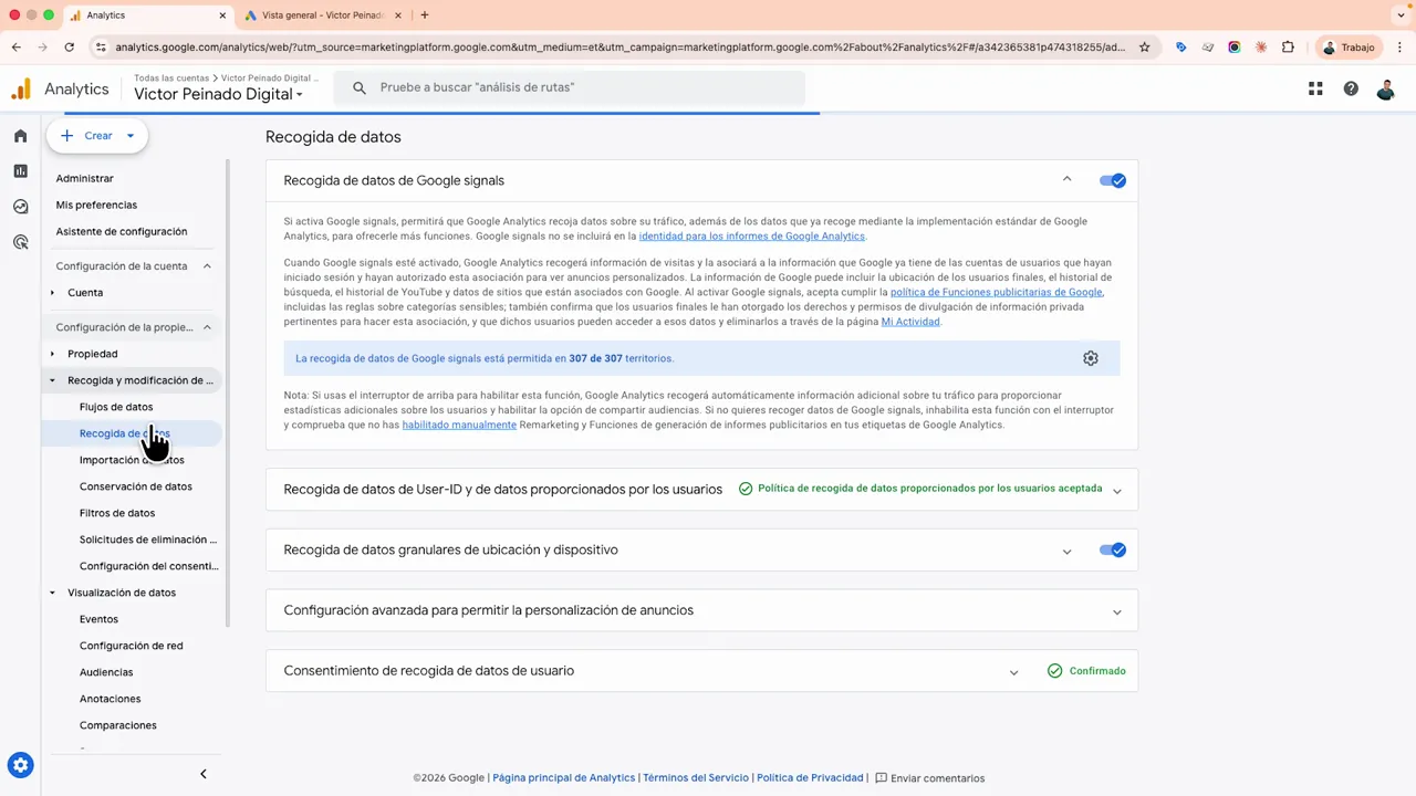 GA4 Recogida y modificación de datos > Recogida de datos de Google signals activado