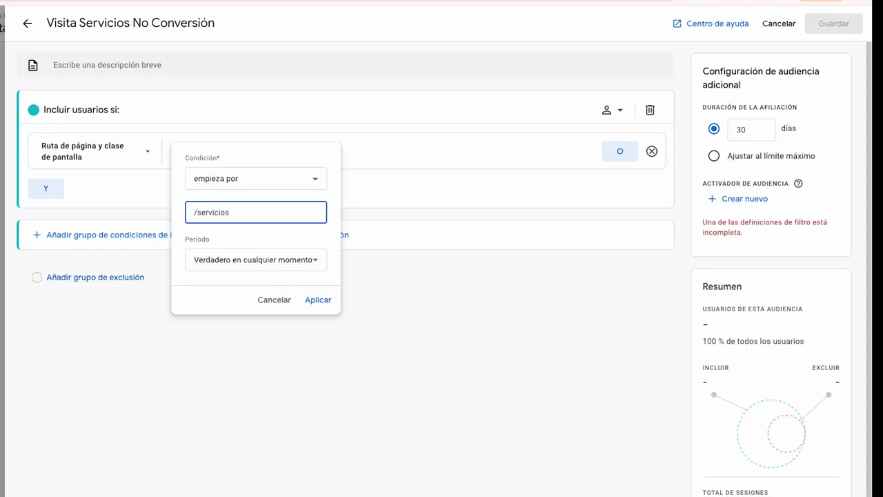 Google Analytics 4 configurando audiencia: prefijo “/servicios” en la condición de ruta de página