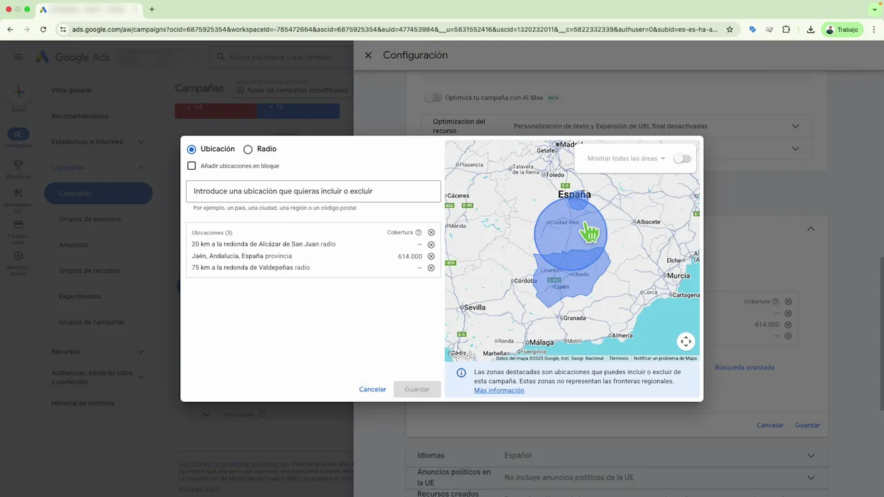 Mapa en Google Ads mostrando c&iacute;rculos de radio y lista de ubicaciones para segmentaci&oacute;n local