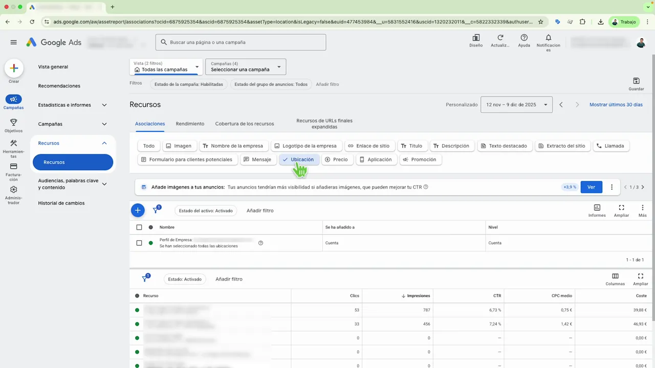 Panel de Recursos en Google Ads mostrando la opci&oacute;n Ubicaci&oacute;n y lista de ubicaciones
