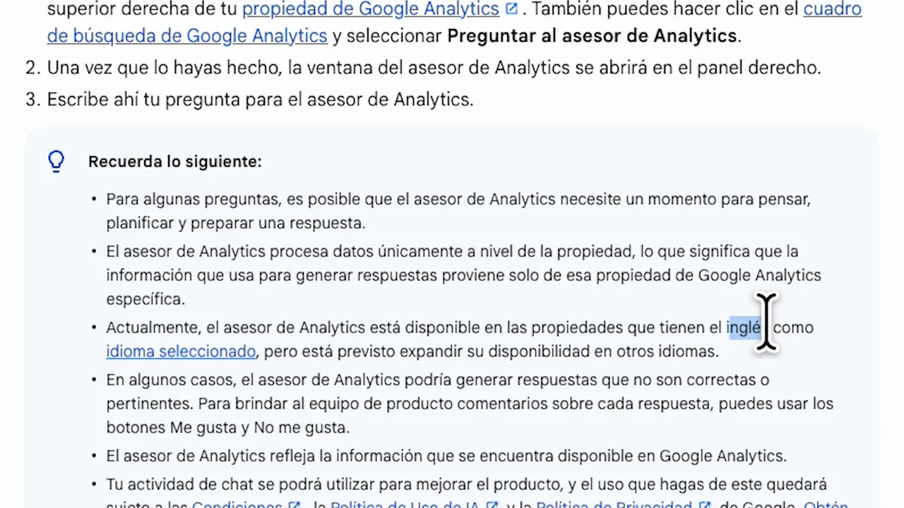 Captura del panel 'Recuerda lo siguiente' de Google Analytics indicando limitaciones del Asesor, incluida la disponibilidad solo en inglés y el alcance por propiedad.