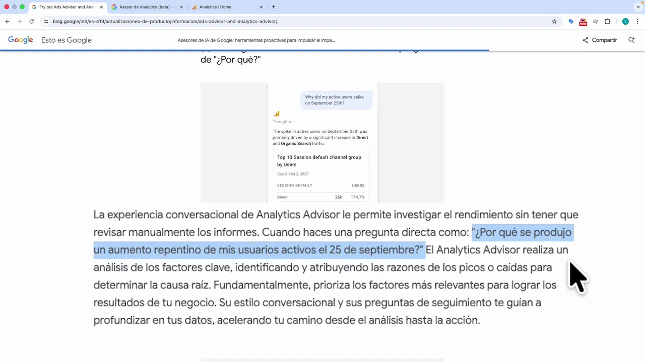 Pantalla del Asesor de Analytics mostrando la pregunta 'Why did my active users spike on September 25th?' y una respuesta con una tarjeta de canales por usuarios.