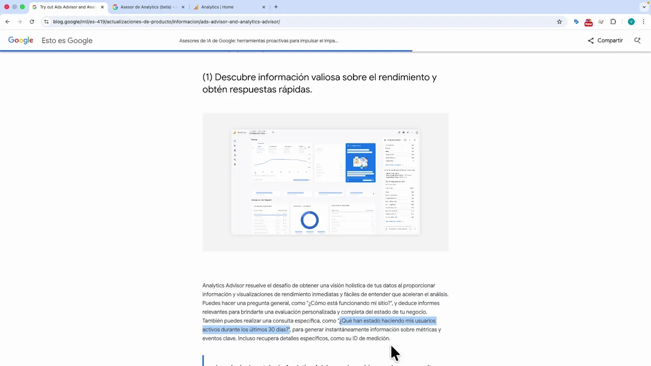 captura nítida del dashboard del Asesor de Analytics mostrando métricas y recomendaciones