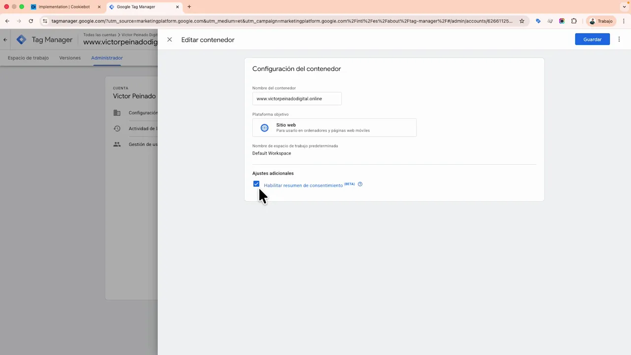 Pantalla de configuración del contenedor en Google Tag Manager con la casilla 'Habilitar resumen de consentimiento' marcada.