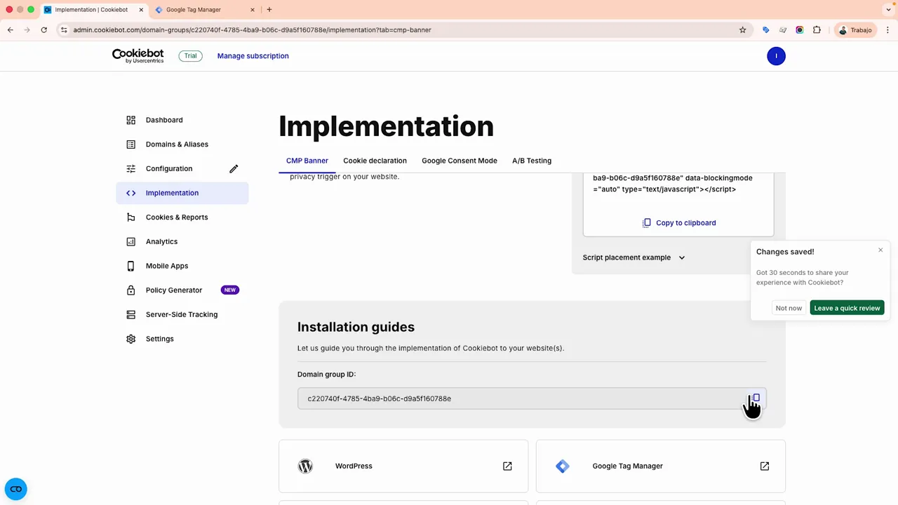 Interfaz de Cookiebot mostrando el Domain group ID y el icono para copiarlo, con el cursor sobre el icono.