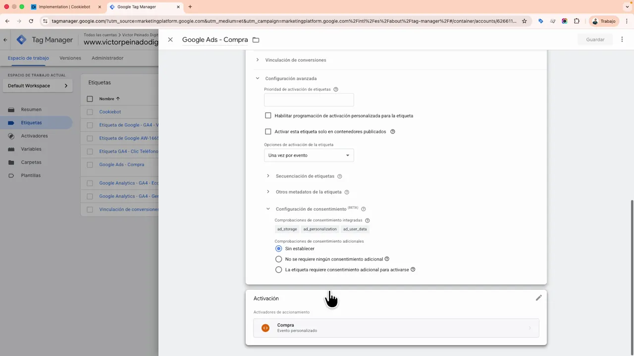 Panel de 'Configuración de consentimiento' en una etiqueta de Google Ads mostrando ad_storage, ad_personalization y ad_user_data y las opciones de comprobación