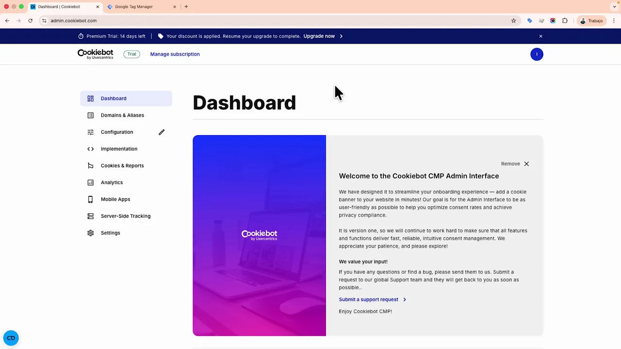 Interfaz admin de Cookiebot mostrando Dashboard, Domains & Aliases y Implementation