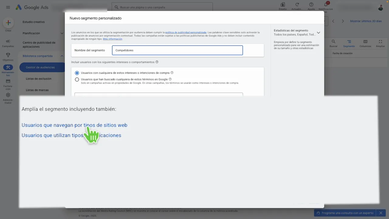 Enlace destacado 'Usuarios que navegan por tipos de sitios web' dentro de la creación de segmento personalizado en Google Ads