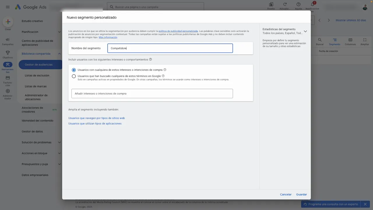 Modal 'Nuevo segmento personalizado' en Google Ads con el nombre 'Competidores' introducido