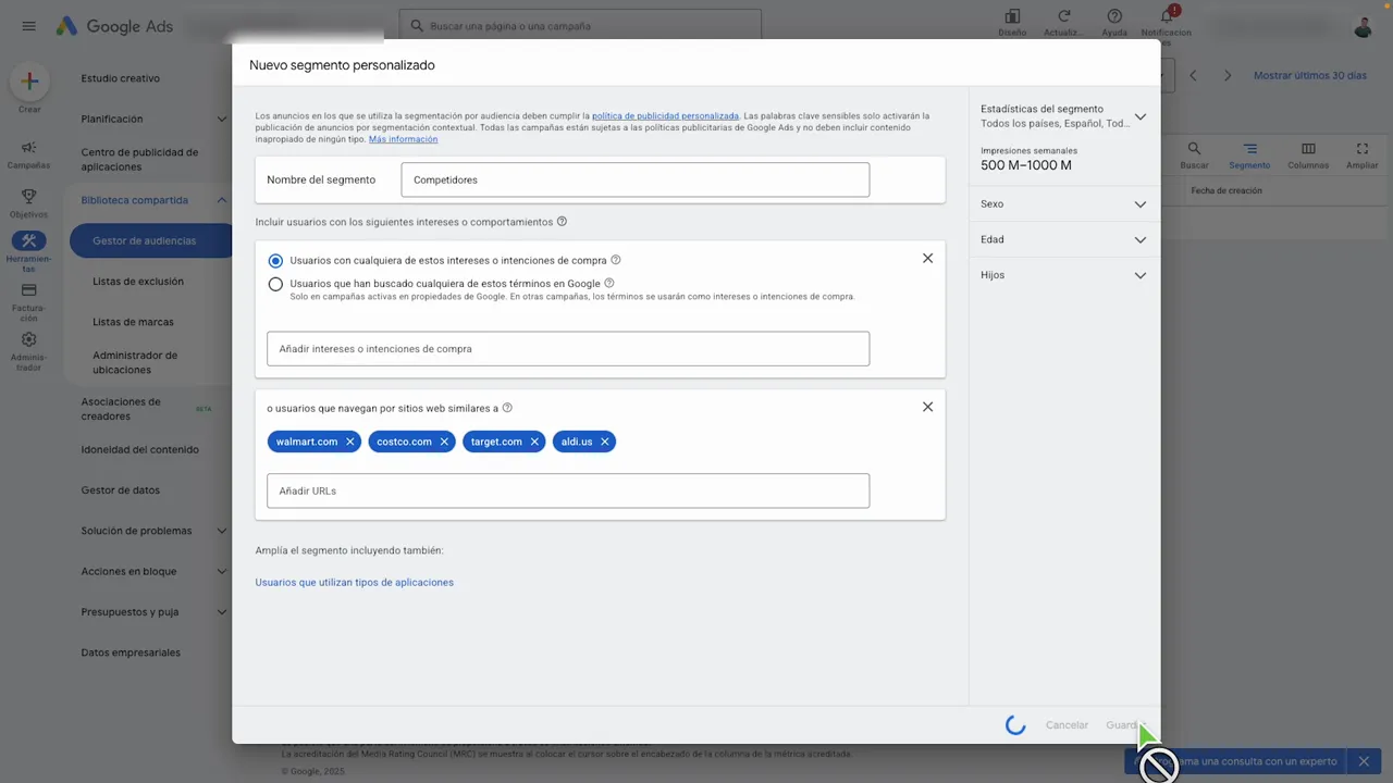 Pantalla de Google Ads con el formulario de 'Nuevo segmento personalizado' mostrando competidores y el botón Guardar en la esquina inferior derecha.