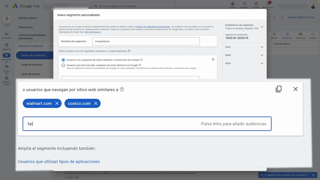 Pantalla de Google Ads mostrando etiquetas de competidores 'walmart.com' y 'costco.com' y el campo activo donde se escribe 'tar' (Target)