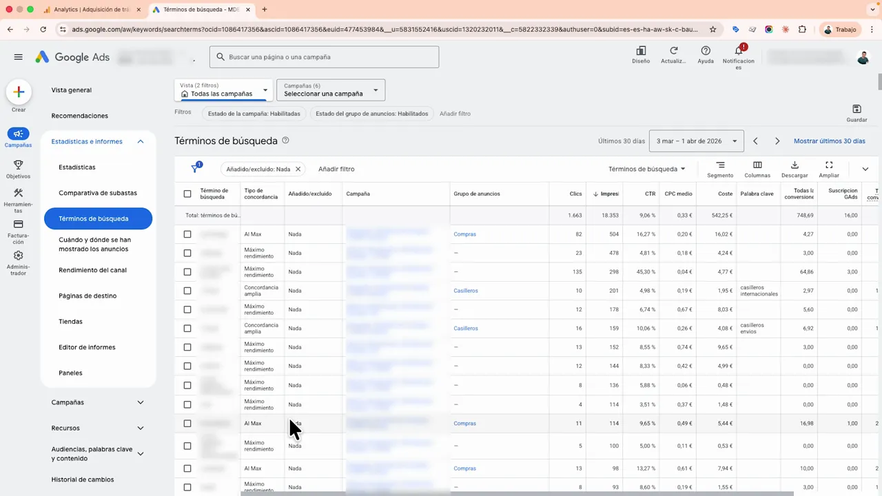 Pantalla de Google Ads en Términos de búsqueda con tabla de métricas como clics, impresiones y CTR