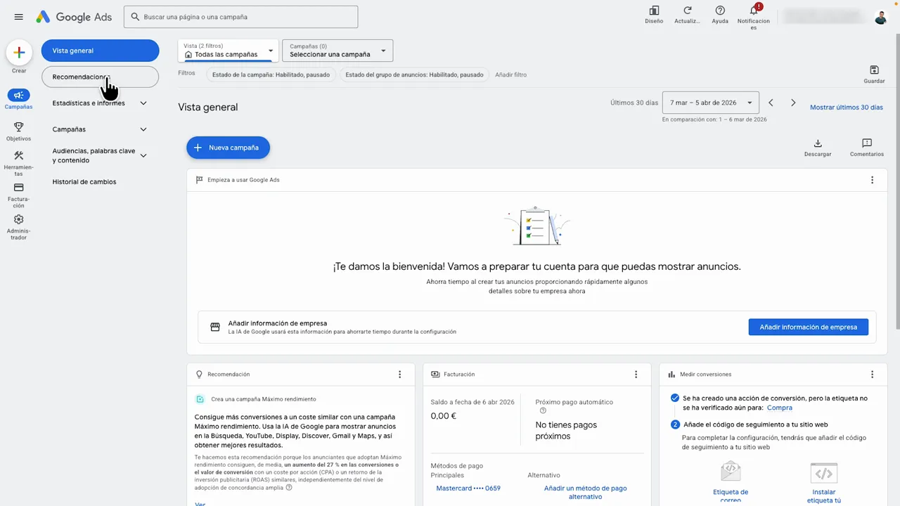 Vista de Google Ads lista para crear una campaña, mostrando la bienvenida de configuración de cuenta