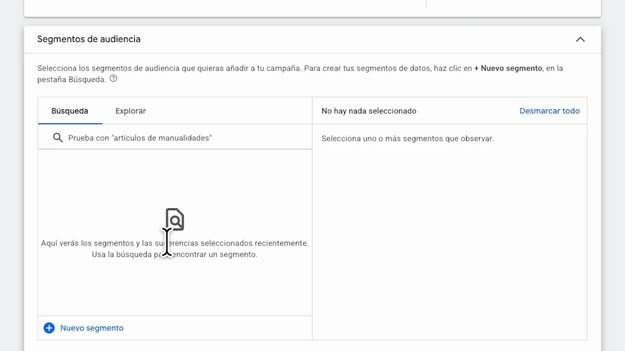 Google Ads Segmentos de audiencia mostrando la opción de no tener segmentos seleccionados