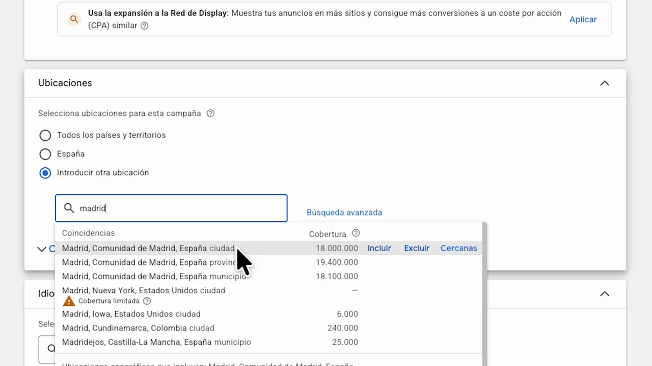 Google Ads - Detalle de coincidencias y cobertura al seleccionar Madrid en ubicaciones