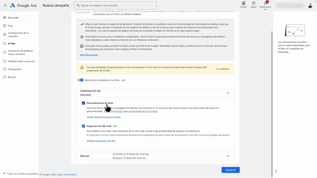 Configuración de IA Max en Google Ads con aviso para evitar limitaciones y el botón de “Optimiza tu campaña con IA Max” sin activarse.