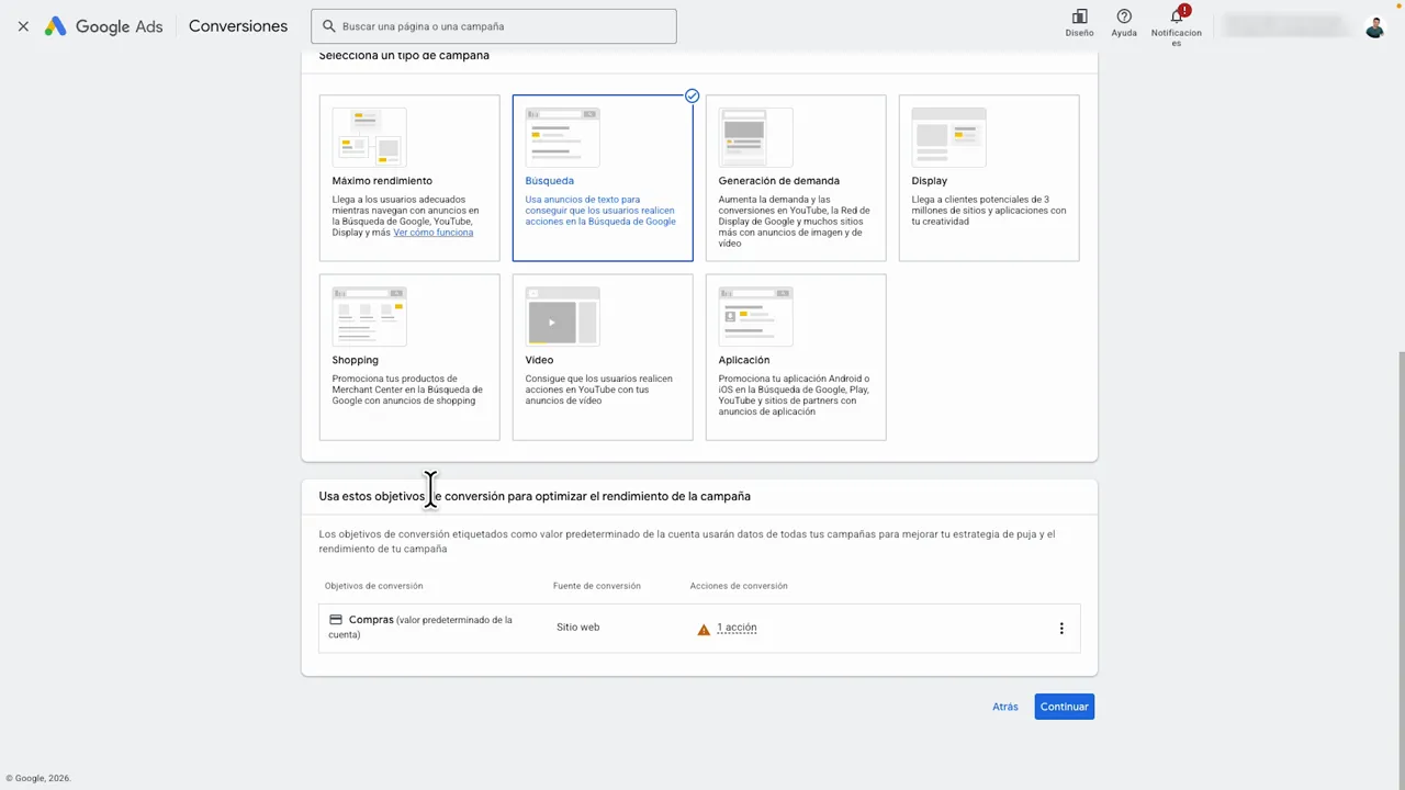 Google Ads: seleccionar una acción de conversión en la creación de una campaña de búsqueda