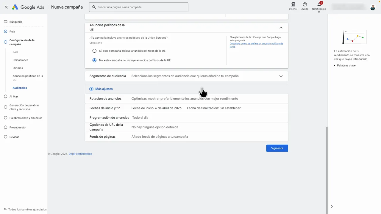 Configuraciones adicionales en la creación de campaña de búsqueda en Google Ads (rotación, fechas y programación)