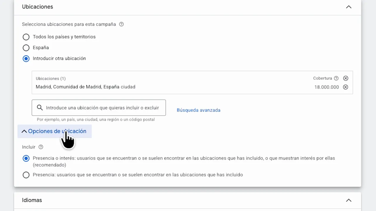 Google Ads: opciones de ubicación con la selección “Presencia o interés” para la campaña