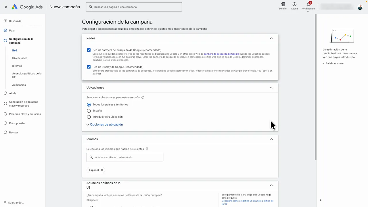 Google Ads configuración de Redes con Red de Display de Google y socios de búsqueda seleccionados