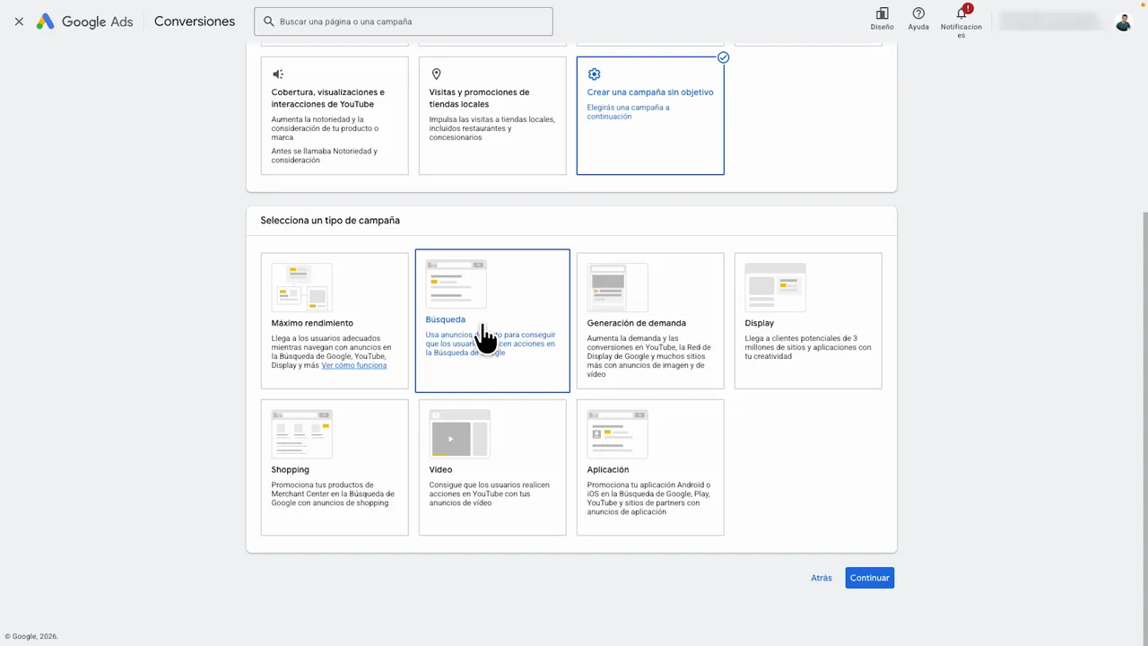Google Ads: selección del tipo de campaña Búsqueda al crear una campaña sin objetivo