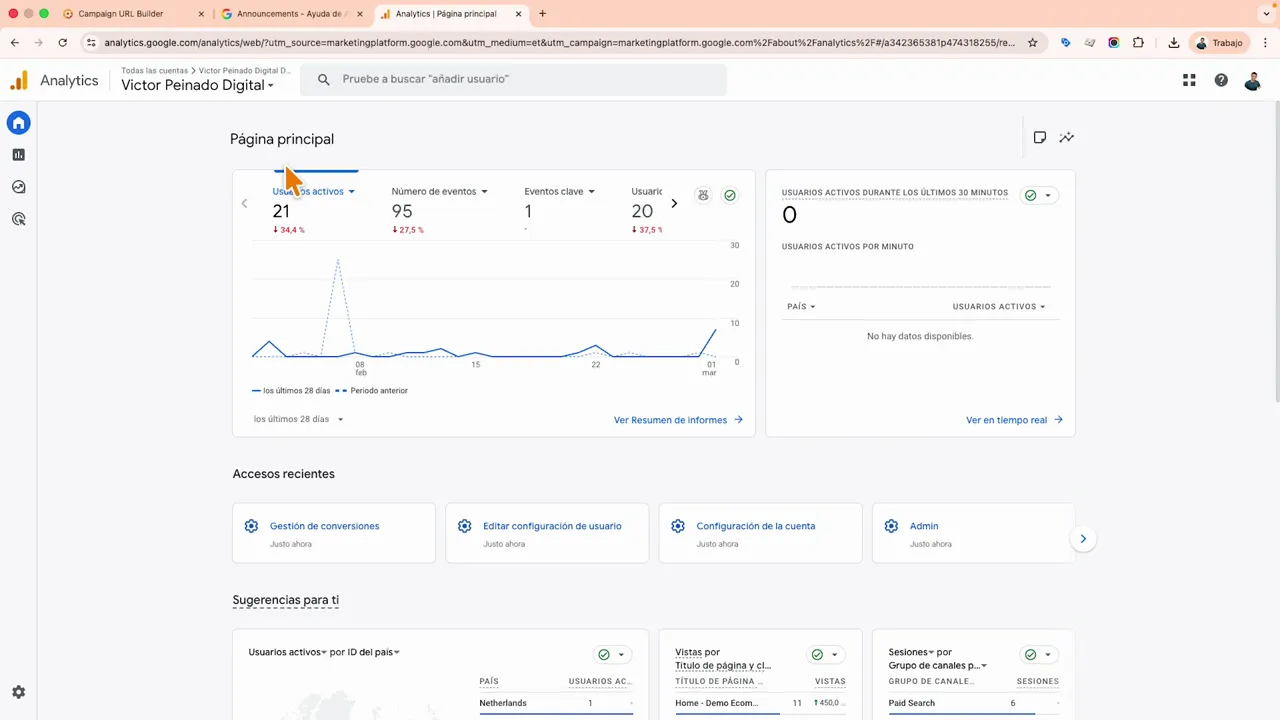 Google Analytics (inicio) con cursor sobre Gestión de conversiones