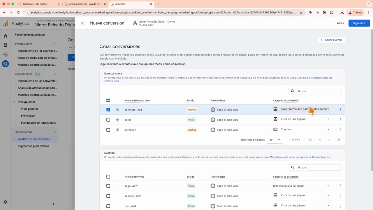 Google Analytics “Crear conversiones” con el evento clave seleccionado para configurar la categoría de conversión