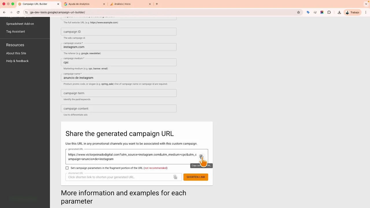 Constructor de URL de campañas de Google con la opción de copiar la URL UTM generada