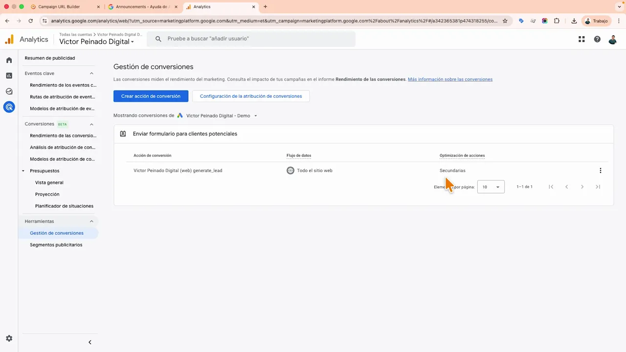 Google Analytics: acción de conversión con optimización configurada como secundaria