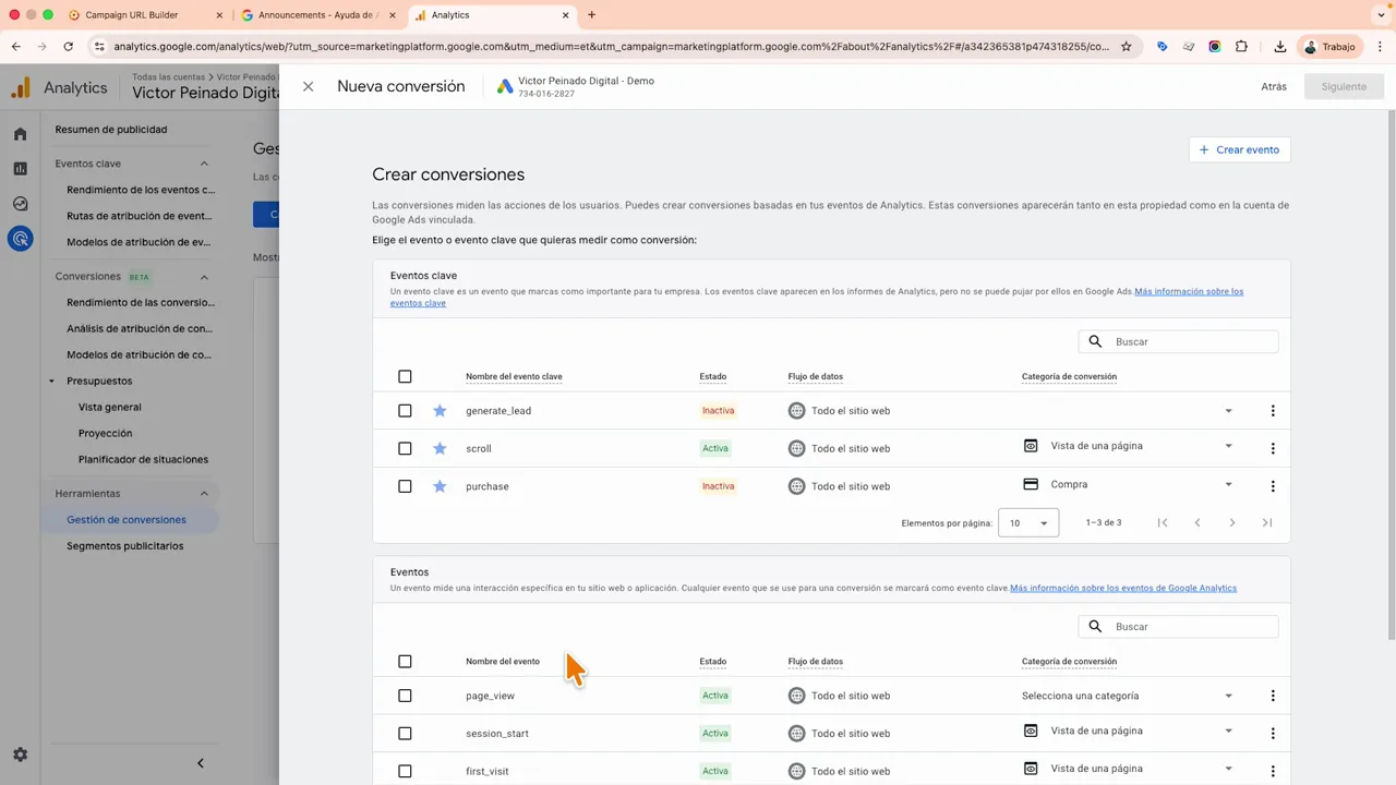 Google Analytics “Crear conversiones” con eventos clave como generate_lead, scroll y purchase