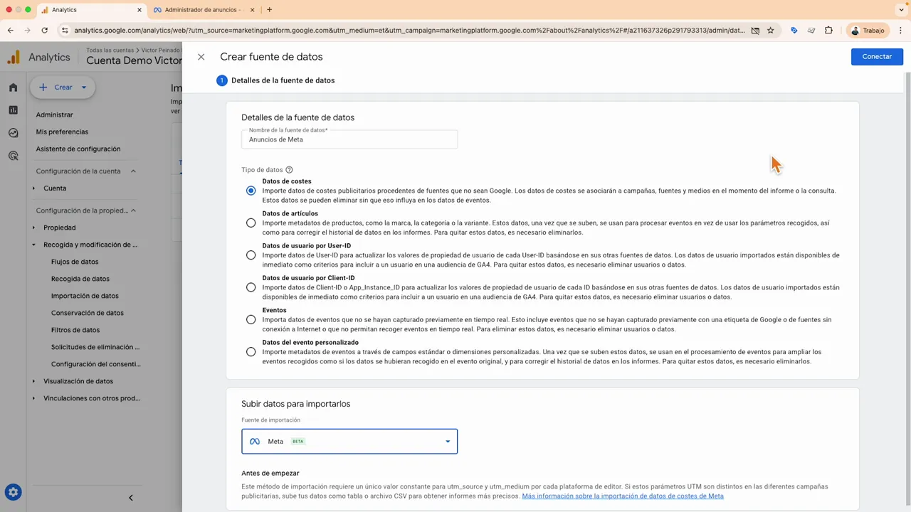 Formulario para crear nueva fuente de datos en Google Analytics 4